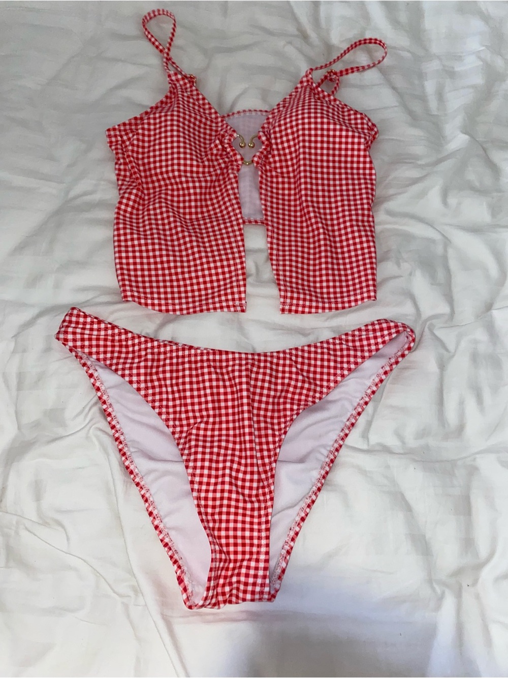 Red Gingham Two-Piece Swim Set - Cute Tankini & Briefs